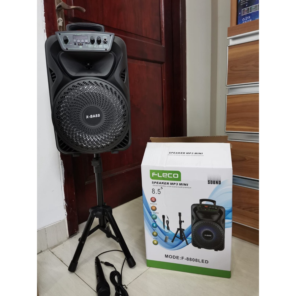 Speaker Fleco F-8808 LED Free Stand Speaker dan free mic kabel original fleco speaker aktif panggung