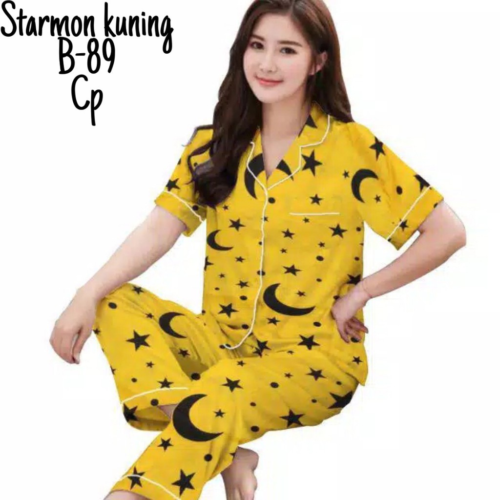 hokyfashion PIYAMA CP STAR MOON FIT TO XL / 2WARNA Bhn Tebal / Ld104.Pj62-KUNING