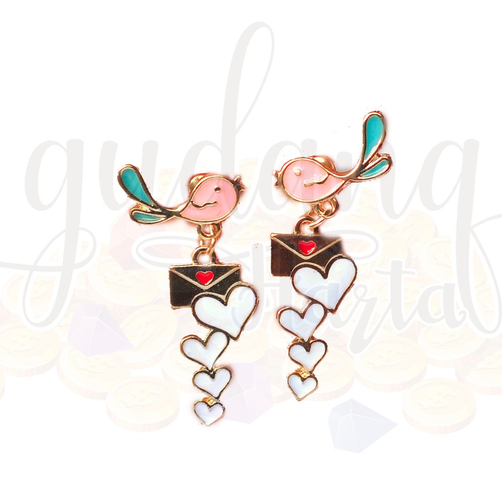 Anting Stud Pink Bird and Love Letter GH 203167