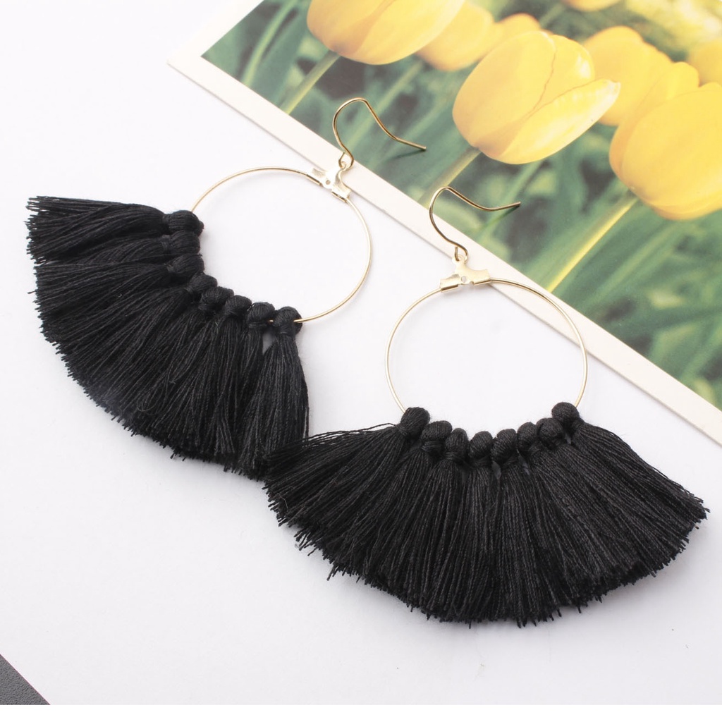 Untuk baru sederhana berbentuk kipas rumbai anting-anting temperamen panjang fringe ornamen bohemian