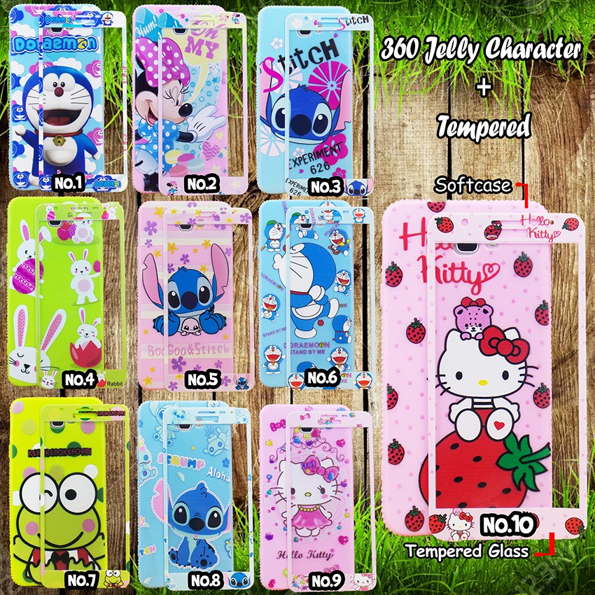 360 Jelly Character + Temperedglass for Samsung/Xiaomi/Oppo/Vivo/iPhone