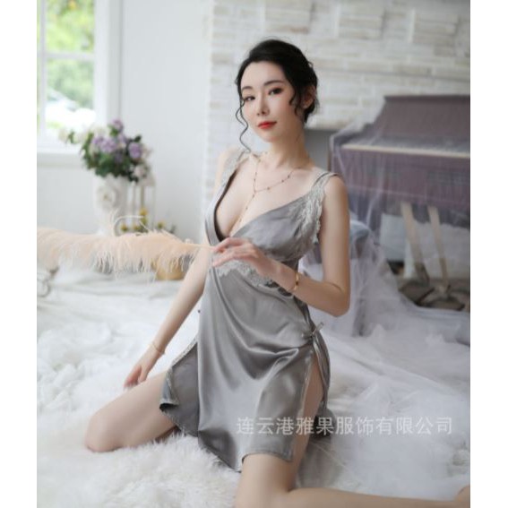 Lognight Sexy Lingerie Baju Tidur Dress Brukat Renda SL-23 GREY