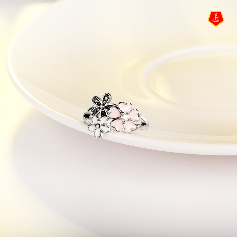 [Ready Stock]Women's Silver Diamond Pink Sakura Ring