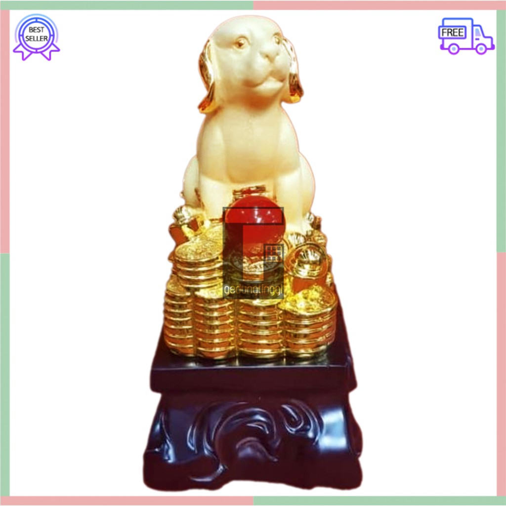 Patung Pajangan Hiasan Imlek Hoki Rejeki Fengshui Lucky 12 Zodiak Shio Anjing Chrome Emas Gold Resin