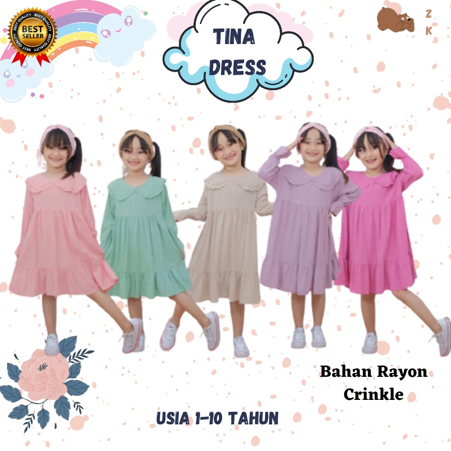 TINA DRESS Pakaian Baju Dress Dres Tunik Rayon Crinkle Anak dan Bayi Perempuan Cewek Cewe Wanita Usi