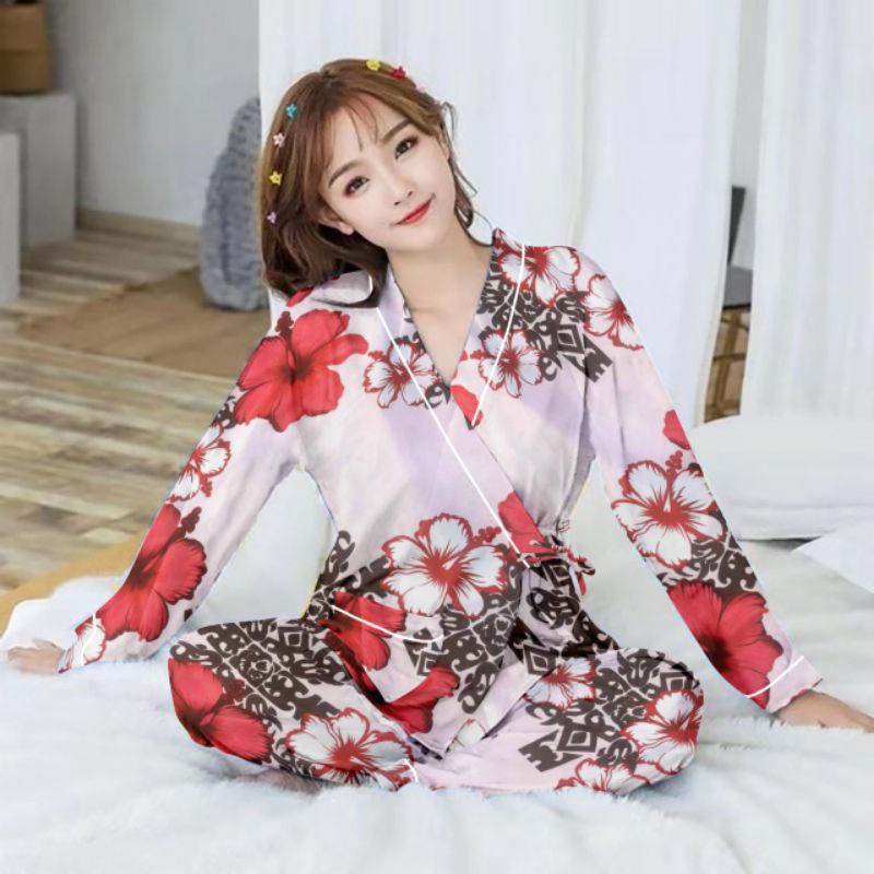 setelan kimono lengan panjang/kimono wanita/baju tidur kimono-PP kim bigrose red