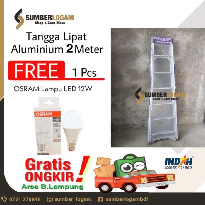 {DewiStore} Tangga Lipat Aluminium 2 Meter BONUS OSRAM Lampu LED 12W Murah