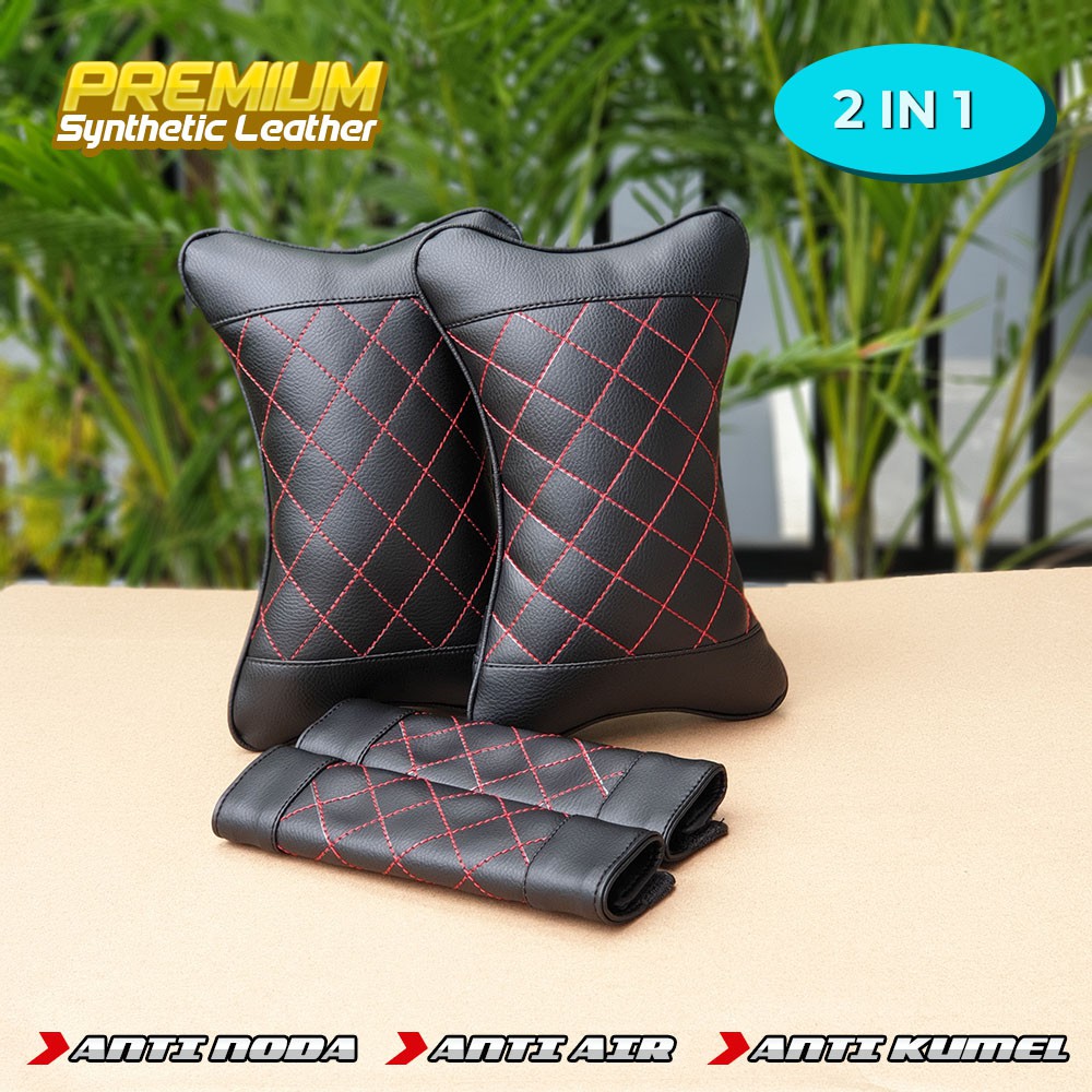 Set Bantal Mobil Kulit Sintetis Bonus Cover Seat Belt