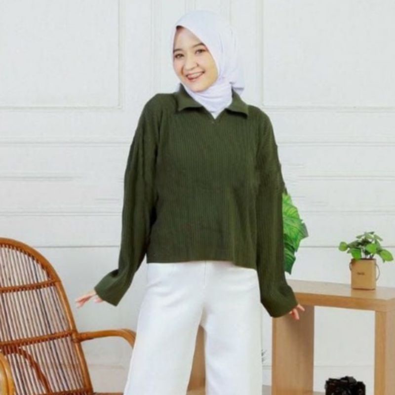 RAJUT BLOUSE POLO / CROP TOP LOLA / SWEATER RAJUT POLO / PAKAIAN RAJUT WANITA