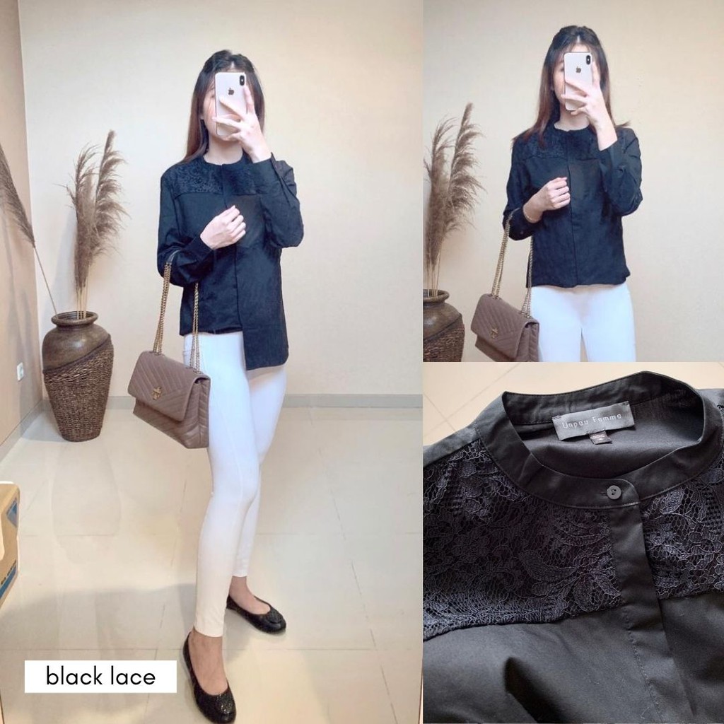 JAPAN UNPEU FEMME Blouse - Atasan Wanita - Blouse Wanita Printed Original-Black Lace