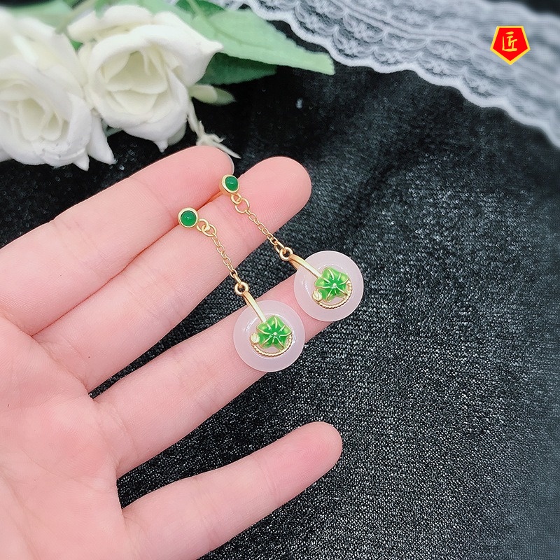 [Ready Stock]Lotus Inlaid Hetian Jade Earrings Pendant Ring Bracelet Set