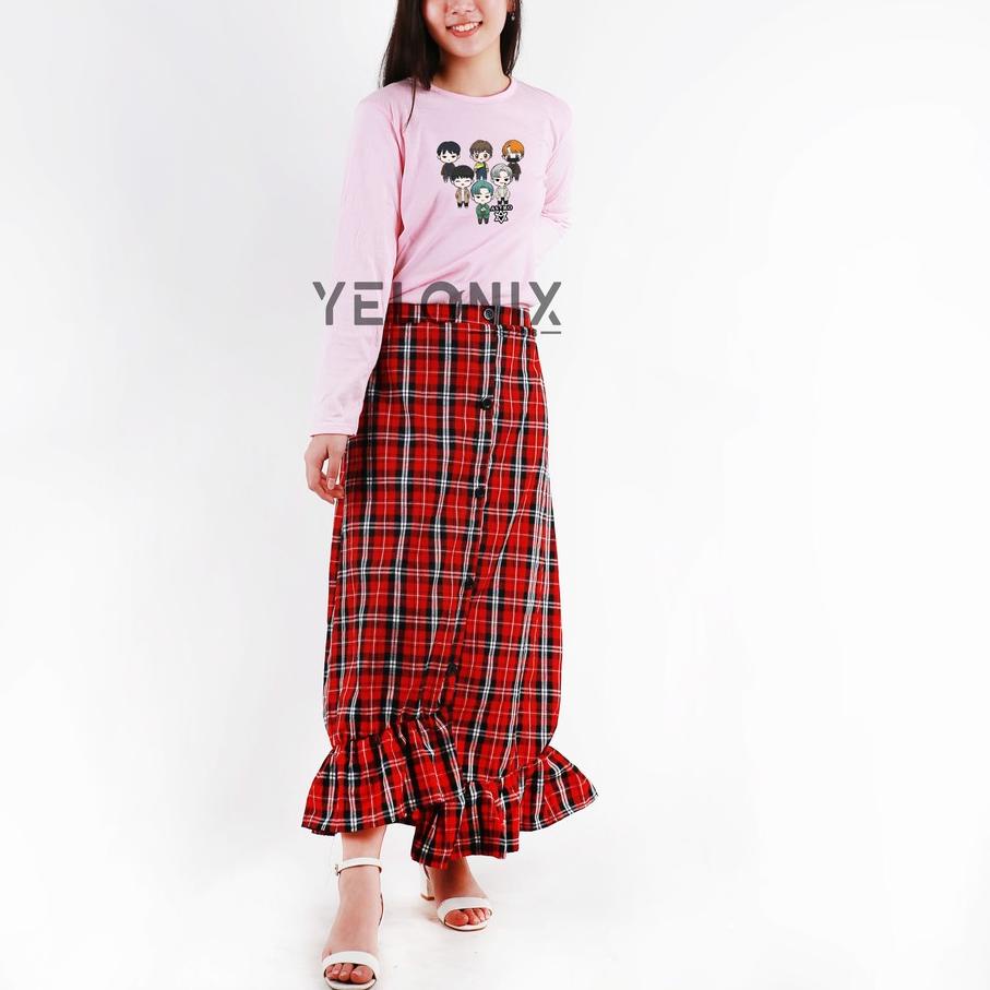 Rok ZENIA PANJANG Skirt Tartan Kotak Ruffle-YELONIX