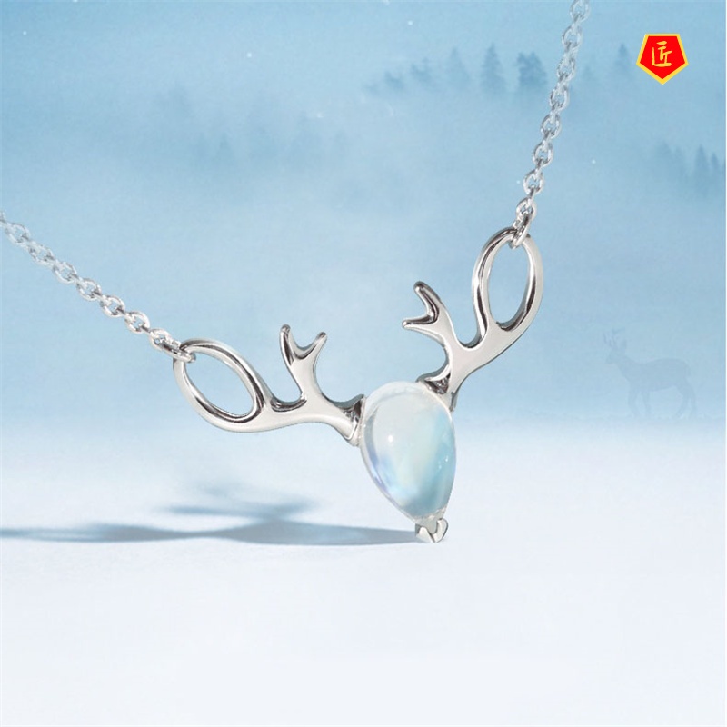 [Ready Stock]S925 Elk Necklace Women's Japanese and Korean Style Moonstone Pendant Simple Design