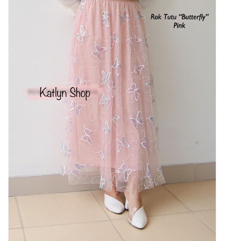 Rok Tutu Kupu Kupu 3D Timbul Panjang / Tutu Maxi Skirt Import ButterFly Embroidery - Katlyn Shop-Kupu Sequin - Pink