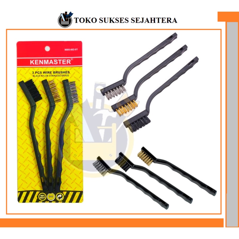 KENMASTER Sikat Kawat Mini Set 3 pcs 7 inch Sikat Kawat 3 IN 1 / Sikat Baja Nylon Stainles Kuningan