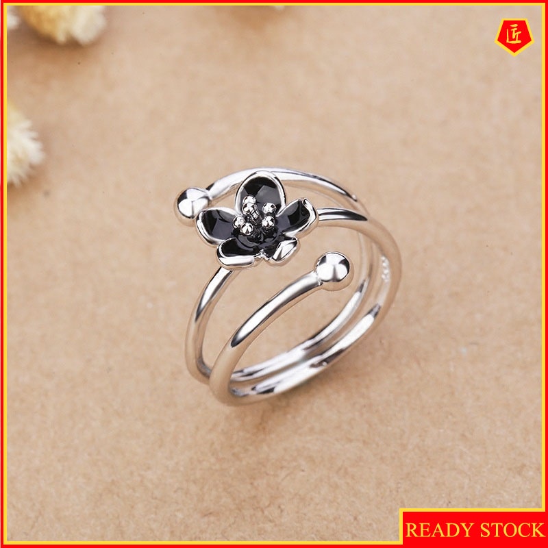 [Ready Stock]Original S925 Silver Black Flower Ring Creative Simple