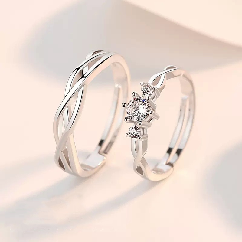 2pcs Cincin Silver Hias Kristal Sparkling Untuk Wanita