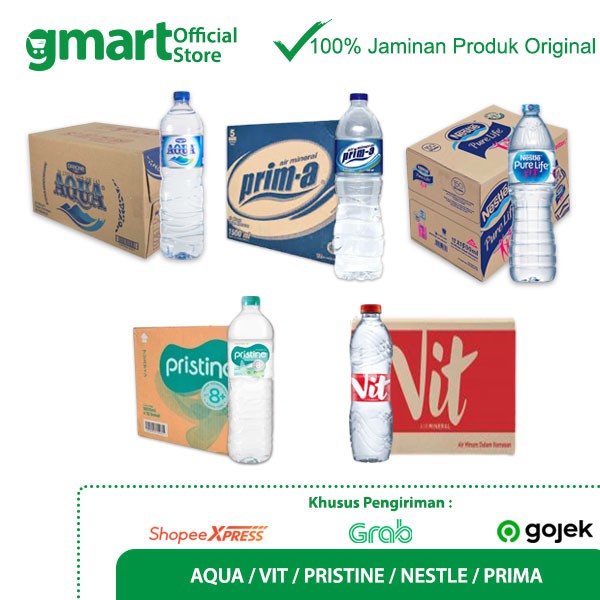 

Air Mineral Kemasan 1500ml (Nestle/Prima/Aqua/Vit/Pristine) Khusus Shopee Express, Grab, Gojek