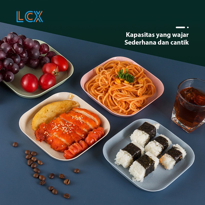 LCX Wheat Straw Piring Square Plate Set 4 Pcs Warna Warni Dinner Plate Bentuk Kotak Piring Makan