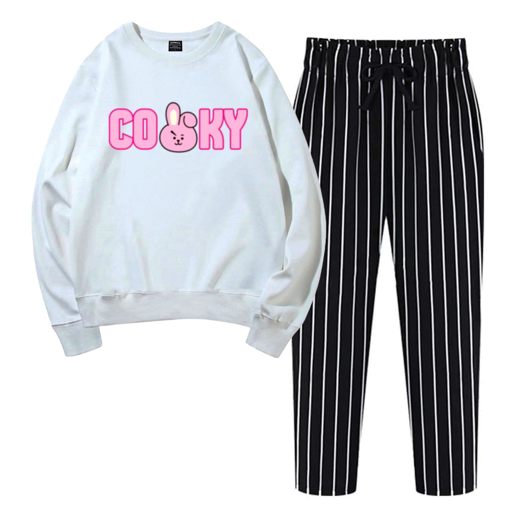 BESS - Baju Setelan Wanita Murah / Setelan Sweater + Celana Salur Hitam - CUKY FONT