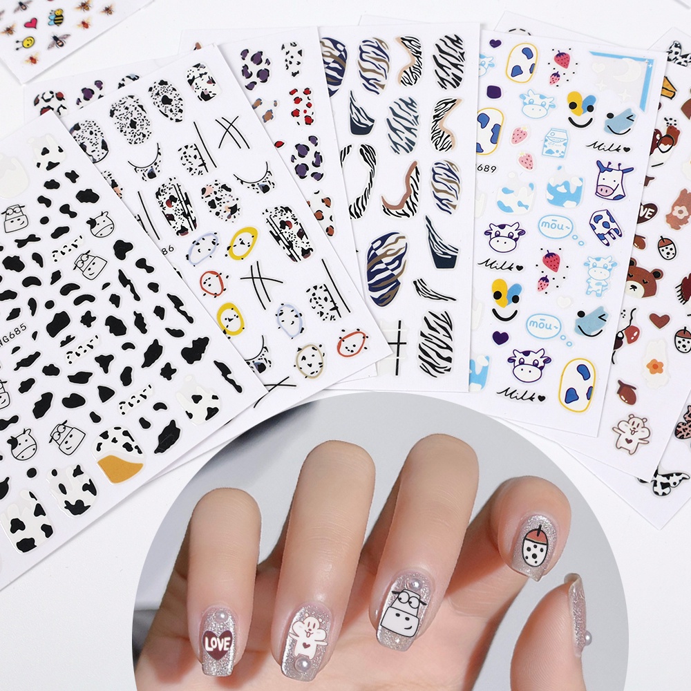 1 Lembar / Pak Stiker Kuku Transfer Air Motif Sapi / Kupu-Kupu / Geometri 3d Untuk Nail Art Diy