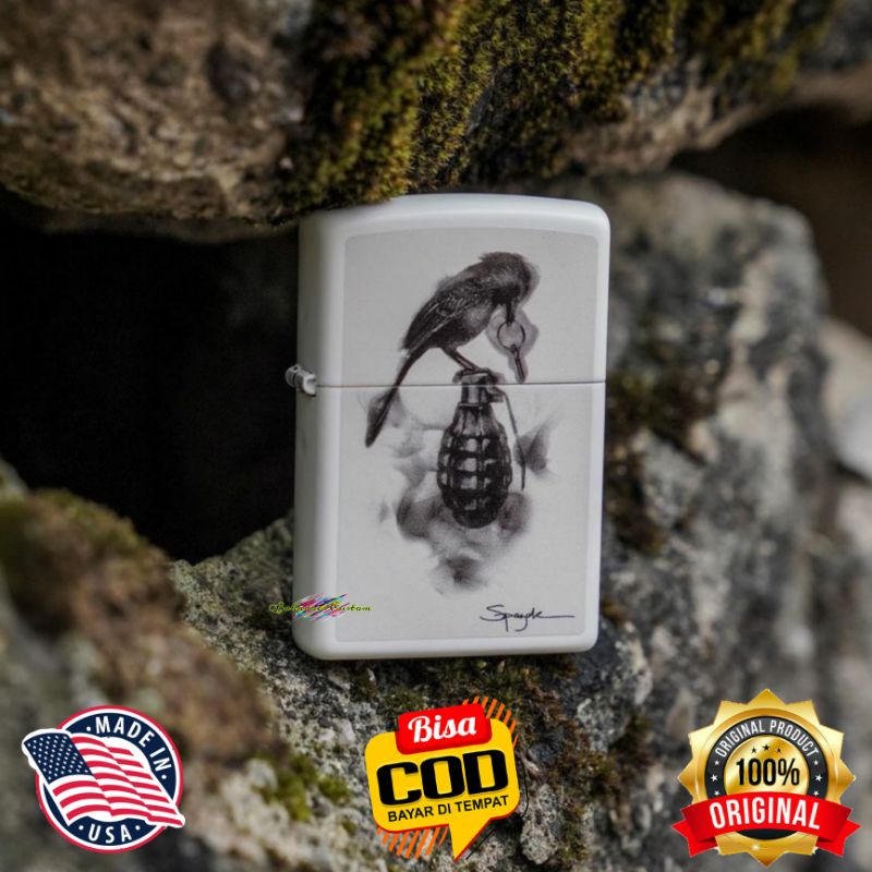 ZIPPO WHITE MATTE ORIGINAL CUSTOM GRENADE BIRD DESIGN BISA REQUEST CUSTOM