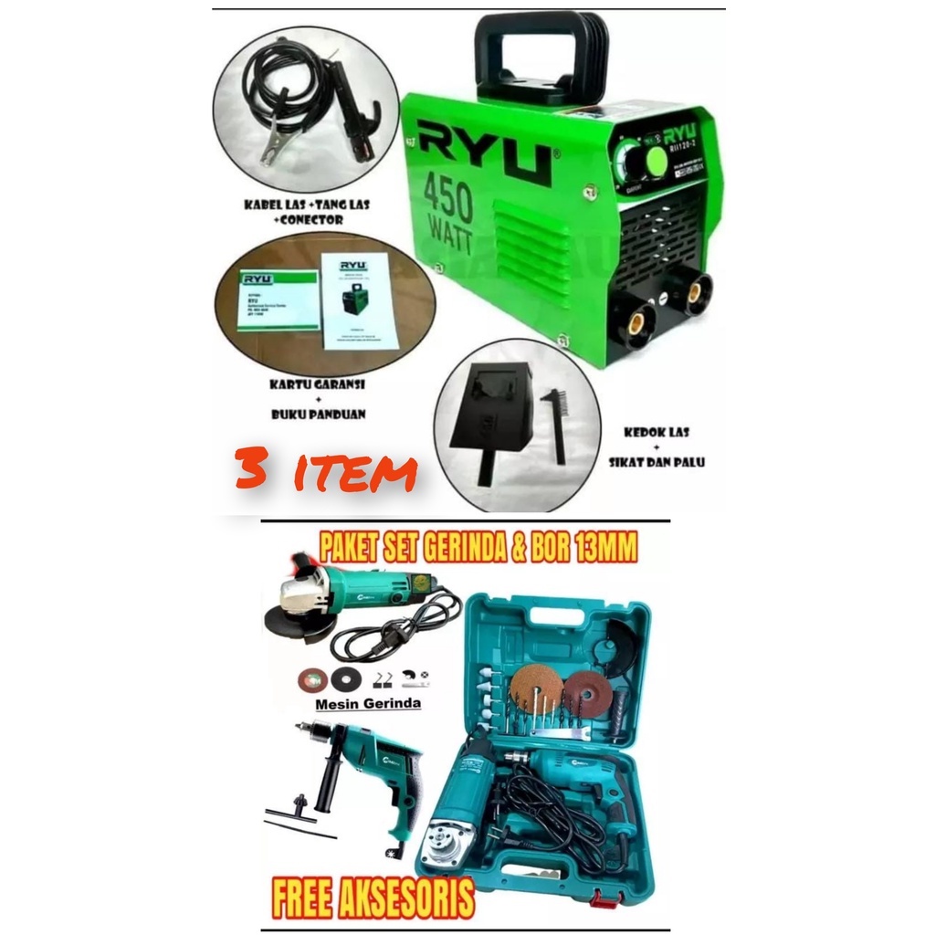 FREE KOPER !!! PAKET Hemat 3 ITEM Mesin Las 450 Watt RYU 120a Trafo Travo Las + Mesin Gerinda 4 inch + Bor 10mm MAILTANK