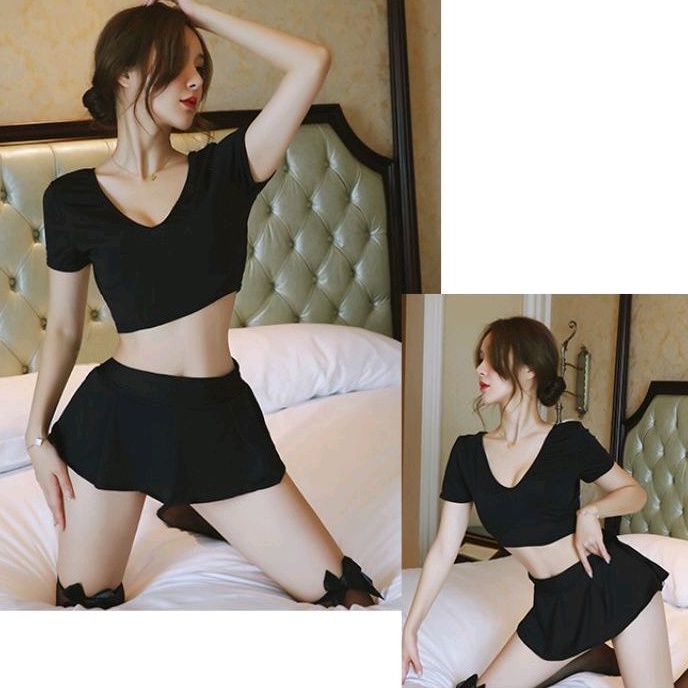 Set Cosplay Seragam Sekolah Guru Kantor Crop Top Shirt + Rok Mini Kostum Lingerie Uniform Sexy