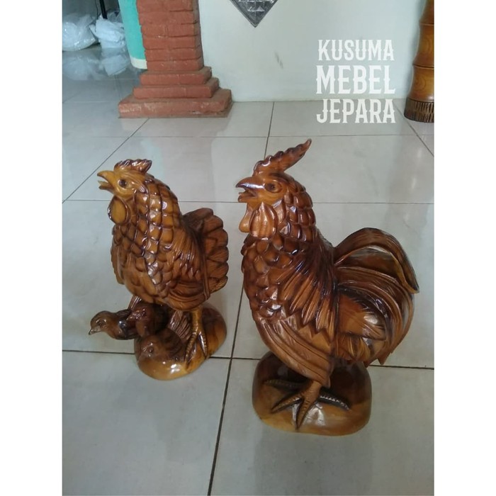 Sepasang Patung Ayam Keberuntungan Kayu Jati (2 Buah Patung)