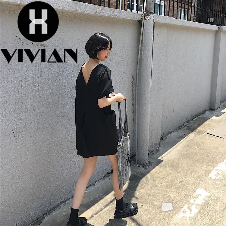 [VIVIAN] Dress Longgar Gaya Korea V-Neck Backless Lengan Panjang dengan Saku Besar untuk Wanita