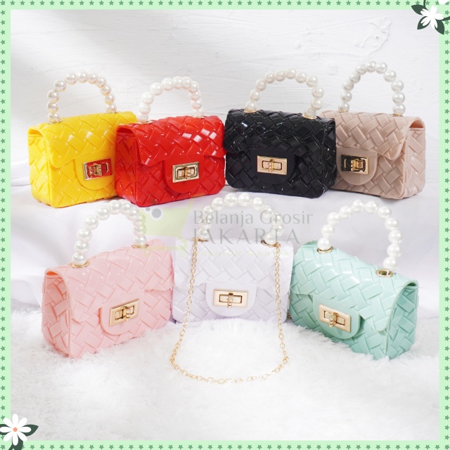 Tas Jelly Glossy Mini Anyam Pearl | Tas Fashion Korea Glossy Pearl Motif Anyam