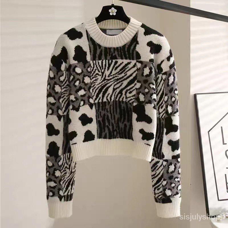 Pakaian Rajut Wanita Musim Gugur Dan Musim Dingin Baru Leopard Print Pullover Sweater Rajutan Leher