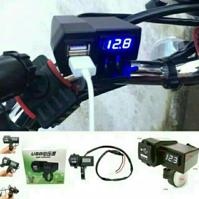 CHARGER MOTOR N-MAX DUEL USB PORT DENGAN VOLMETER WATERPROOF/VOLMETER BIRU/VOLMETER RED