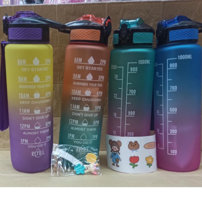 BOTOL MINUM TRITAN 1 LITER 1000 ML WARNA GRADASI / BOTOL MINUM 1L VIRAL MURAH PENANDA WAKTU FREE STICKER 2D + 3D