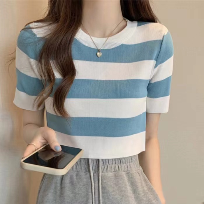 Yoona Crop Knit Top - Top Stripes Colour Knit Import TM ((A482-1)