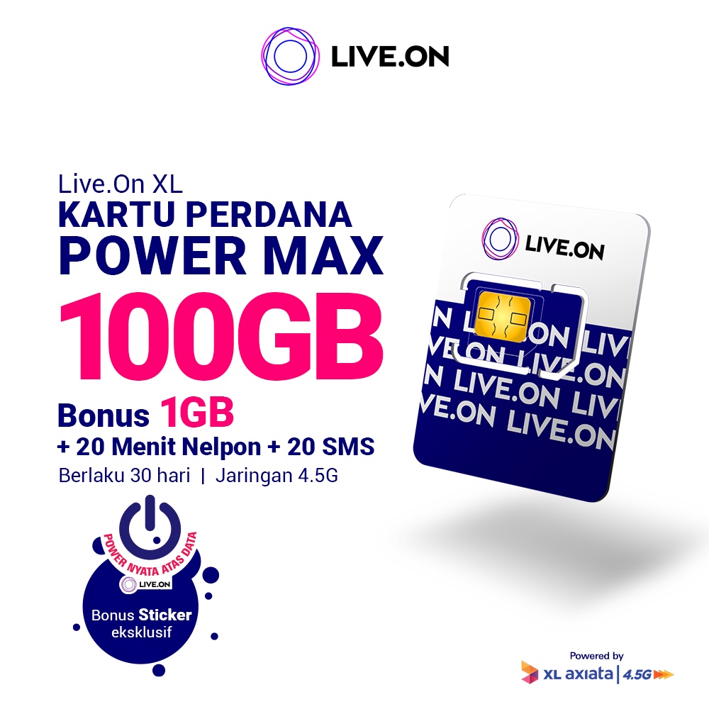 Live.On Kartu Perdana Power Max 100GB + 1GB (30 hari) 4.5G + 20 Menit Nelpon + 20 SMS + Sticker I