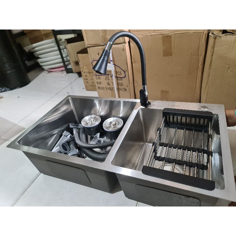 KITCHEN SINK / Bak cuci piring 2 lubang tebal stainless 304 tebal 3mm 82cm PAKET KOMPLIT PROMO