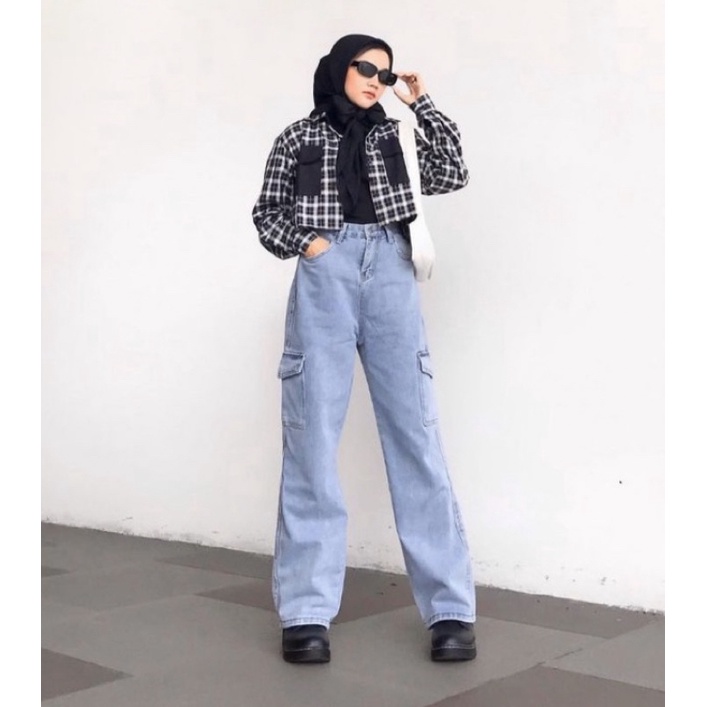 Highwaist Cargo Loose Jeans Snow acid