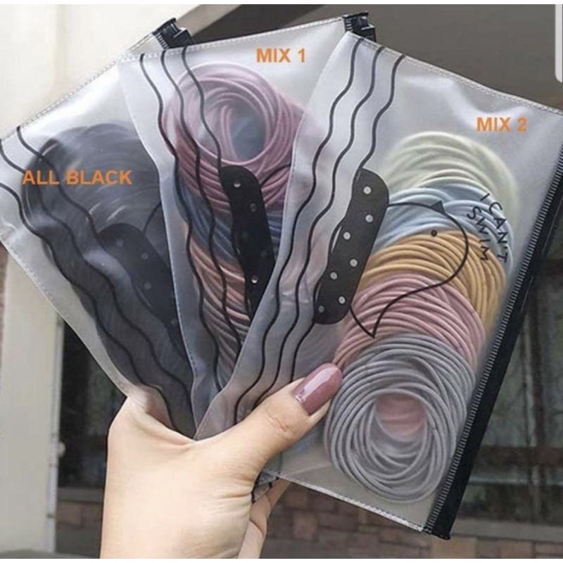 [100 PCS] Ikat Rambut Korea I Can Swim isi 100 pcs Warna Warni + Pouch Aksesoris Rambut-1