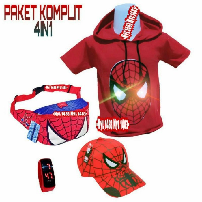 (BISA COD) paket lengkap kostum Spiderman baju anak superhero Spiderman - Merah, 4-5 tahun