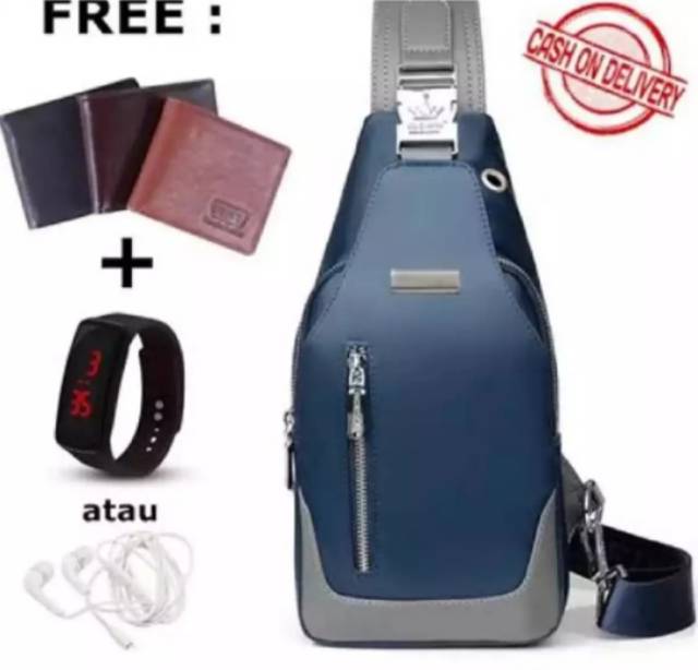 Tas Selempang Pria Murah Anti Air - Leo Bag Hitam, Navy dan Abu bonus Dompet + Jam Tangan LED/Headset