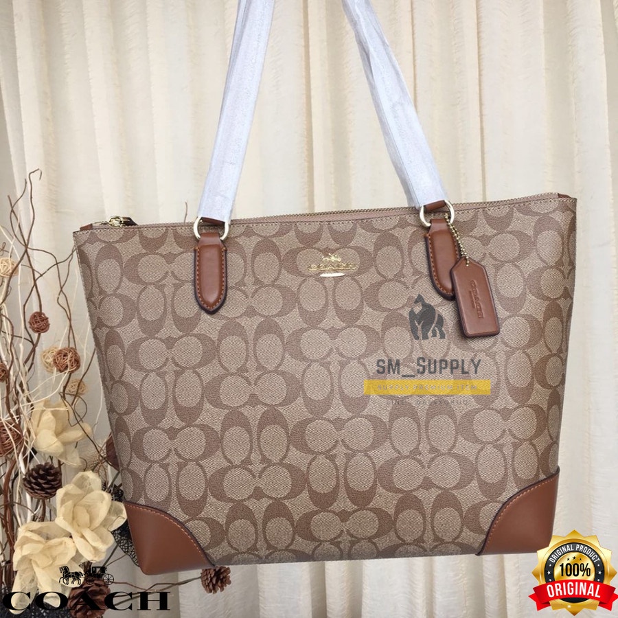 TAS WANITA COACH 29208 SIGNATURE ZIP TOTEBAG LIGHT KHAKI LIGHT BROWN