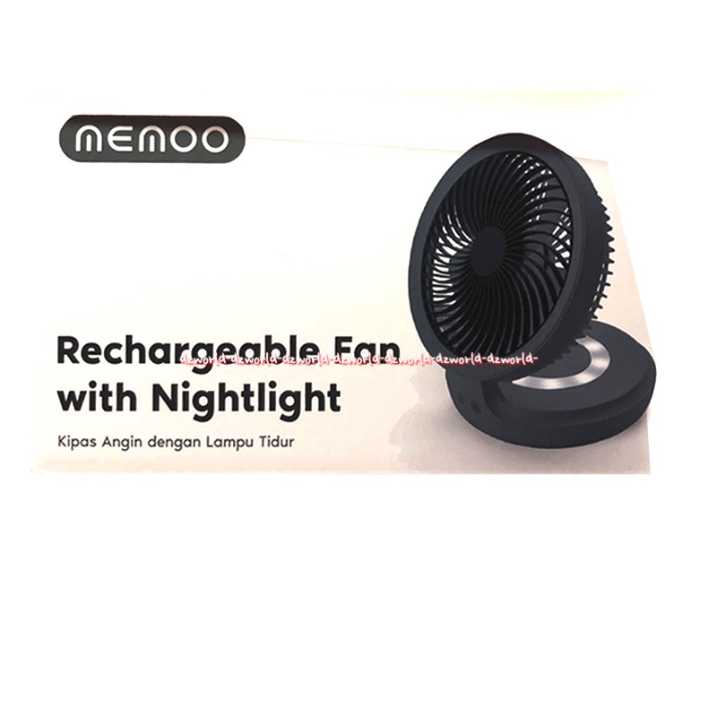 Memoo Rechargeble Fan With Nightlight Kipas Angin Dengan Lampu Tidur Bisa Di Charge Cas Usb Black Hitam Putih  White