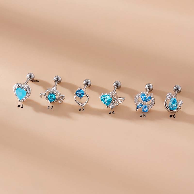 1 Pc Anting Stud Zircon Bentuk Hati Bahan Stainless Steel Warna Biru