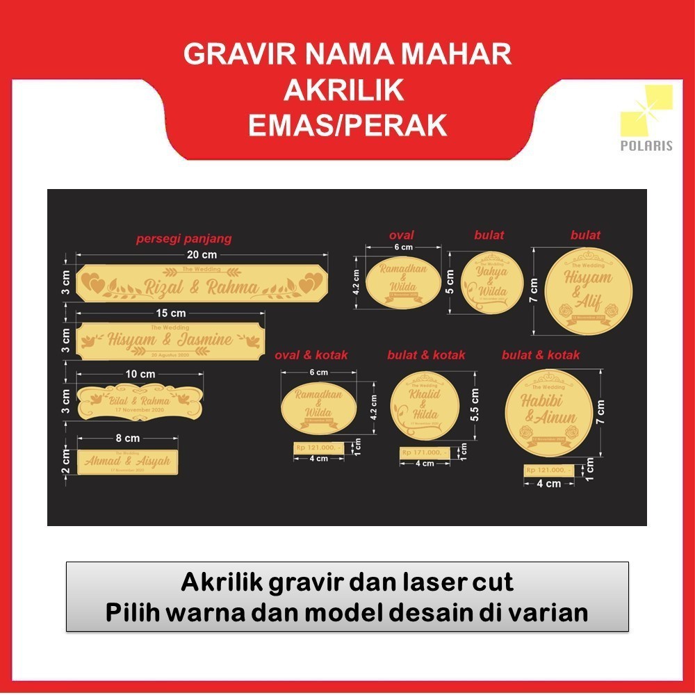 DEKORASI MAHAR AKRILIK EMAS/PERAK GRAFIR DAN LASER CUT CUSTOM NAMA/INISIAL/TEXT