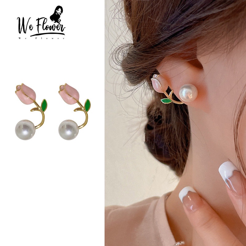 We Flower Anting Stud s925 Silver Bentuk Bunga Tulip Aksen Mutiara Warna Pink Gaya Korea Untuk Wanita