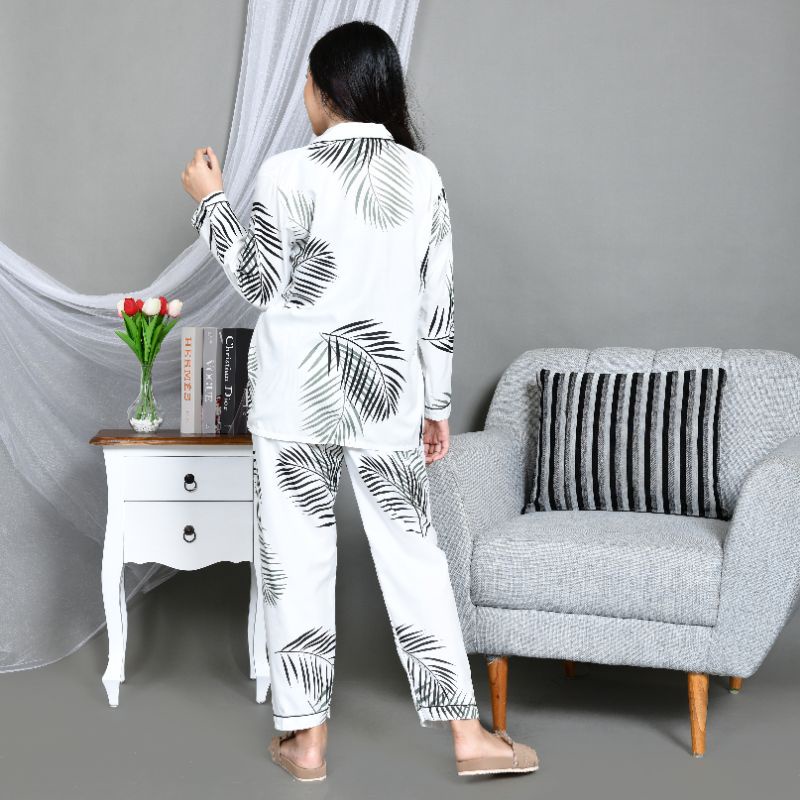 Baju Tidur Piyama Wanita/Cewek Pajamas Dewasa Katun Motif Daun Big Coco PP Lengan Panjang Kekinian