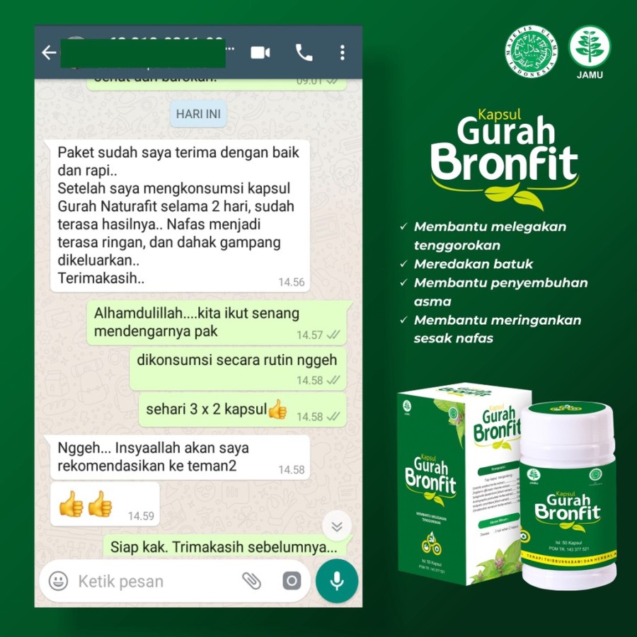 𝗞𝗮𝗽𝘀𝘂𝗹 𝗚𝘂𝗿𝗮𝗵 𝗕𝗥𝗢𝗡𝗙𝗜𝗧 Isi 50 Herbal 100% Original BPOM Garansi Asli Naturafit Obat Obat Paru-Paru, TBC, ISPA, Batuk Menahun 100% Asli Original BPOM Ampuh