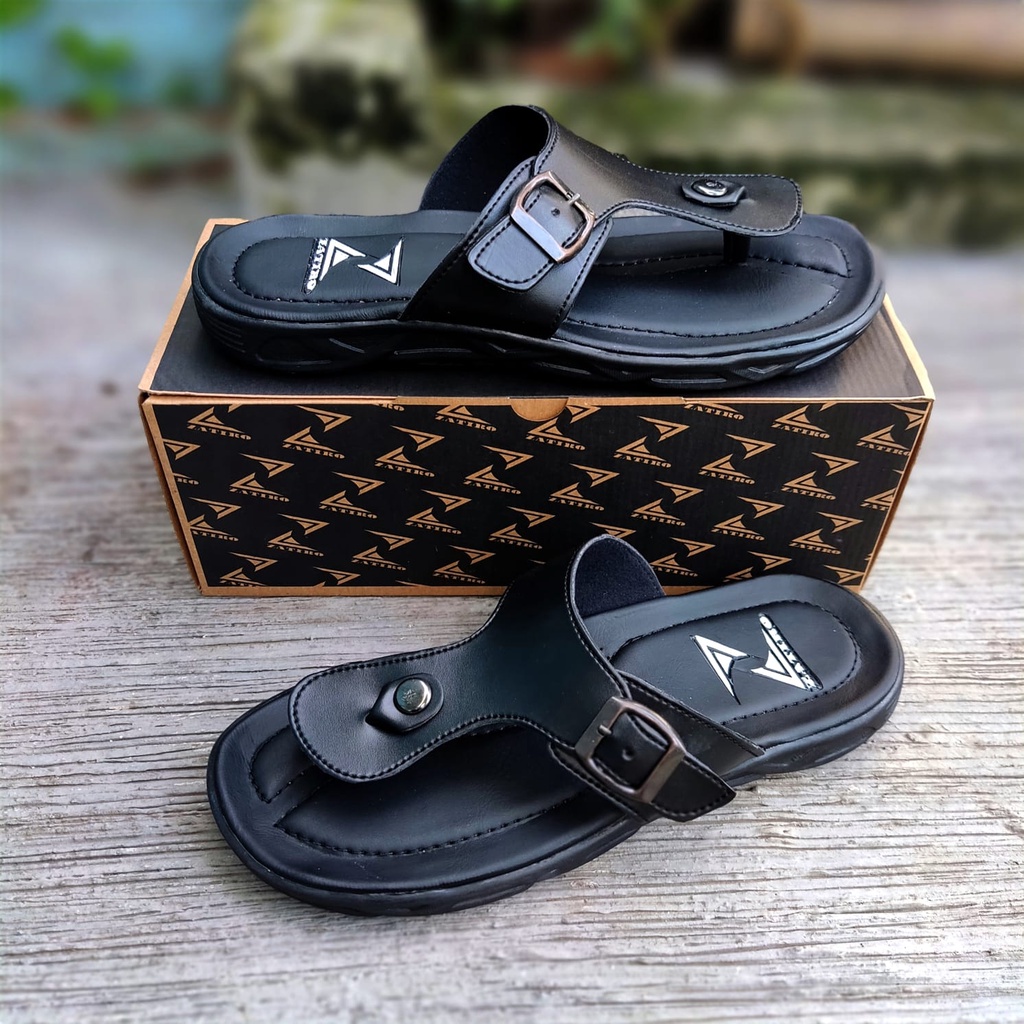 promo puncak sandal jepit hitam fullblack dewasa bahan kulit  by zatiro original premium high quality kualitas dijamin mantuliti harga murah banget