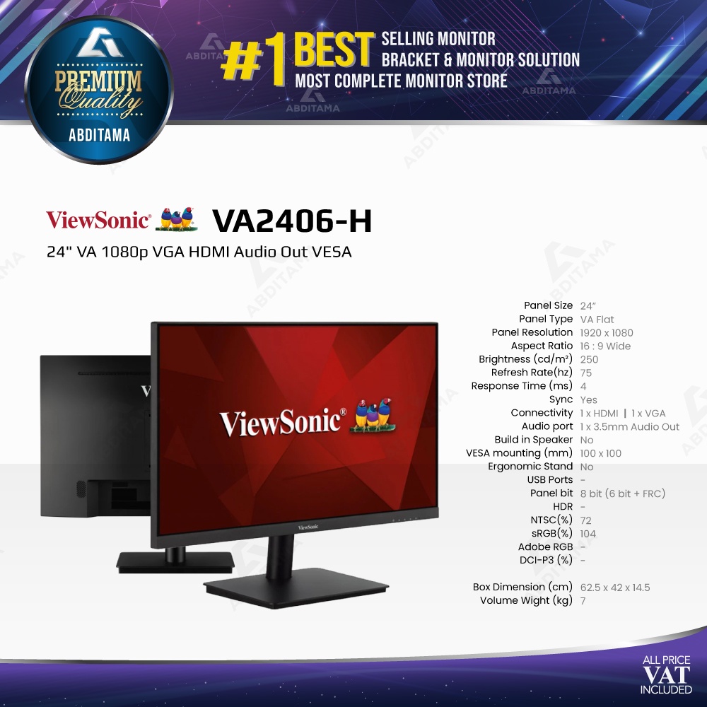 Monitor LED Viewsonic VA2406-H 24&quot; VA 1080p VGA HDMI Audio Out VESA